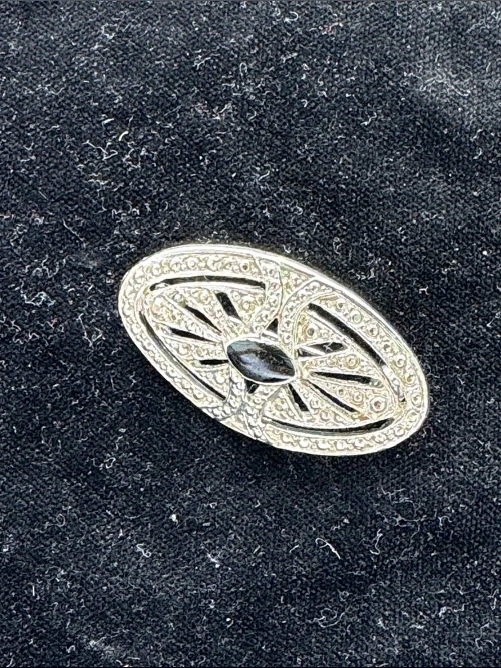 Vintage Silver-Tone Oval Brooch with Black Cabochon